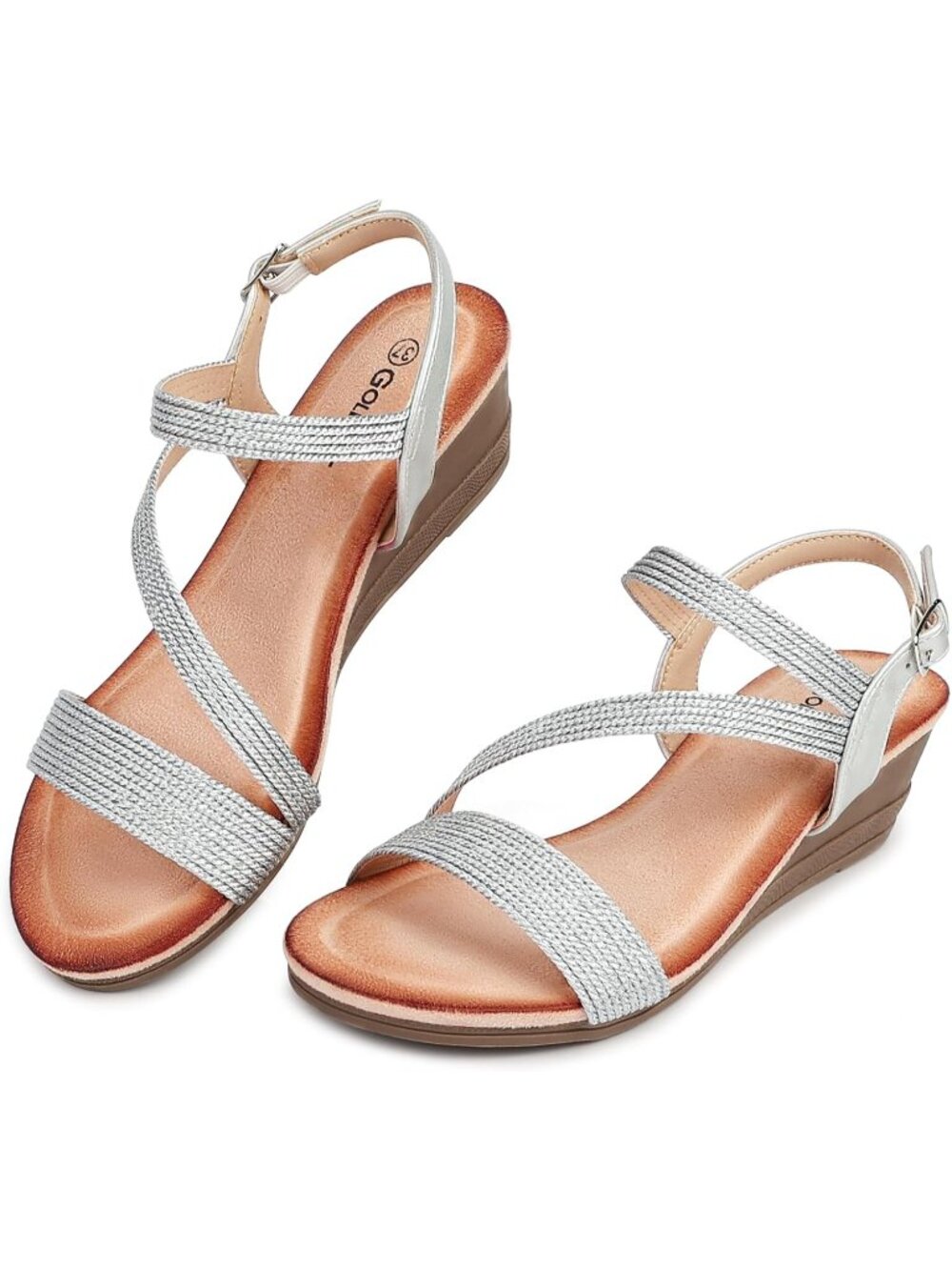 Women's Silver Comfortable Strappy Adjustable Ankle Strap Low Wedge Sandals